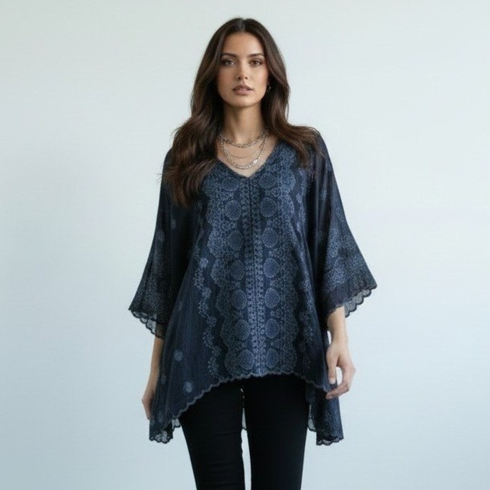 Johnny Was Black Embroidered Cupra Rayon Tunic Analuisa Top XS